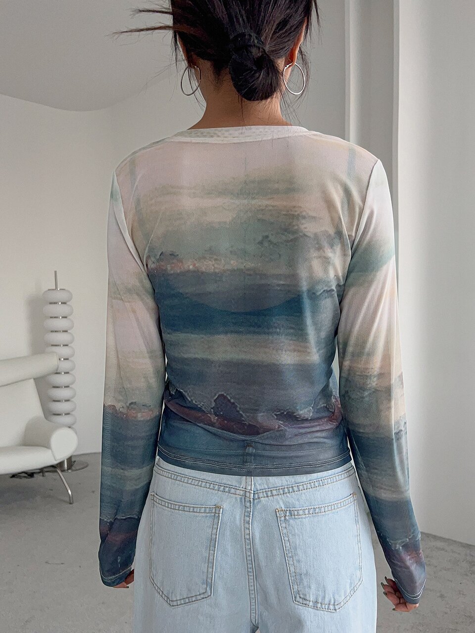 Landscape Print Sheer Top Long Sleeve Top