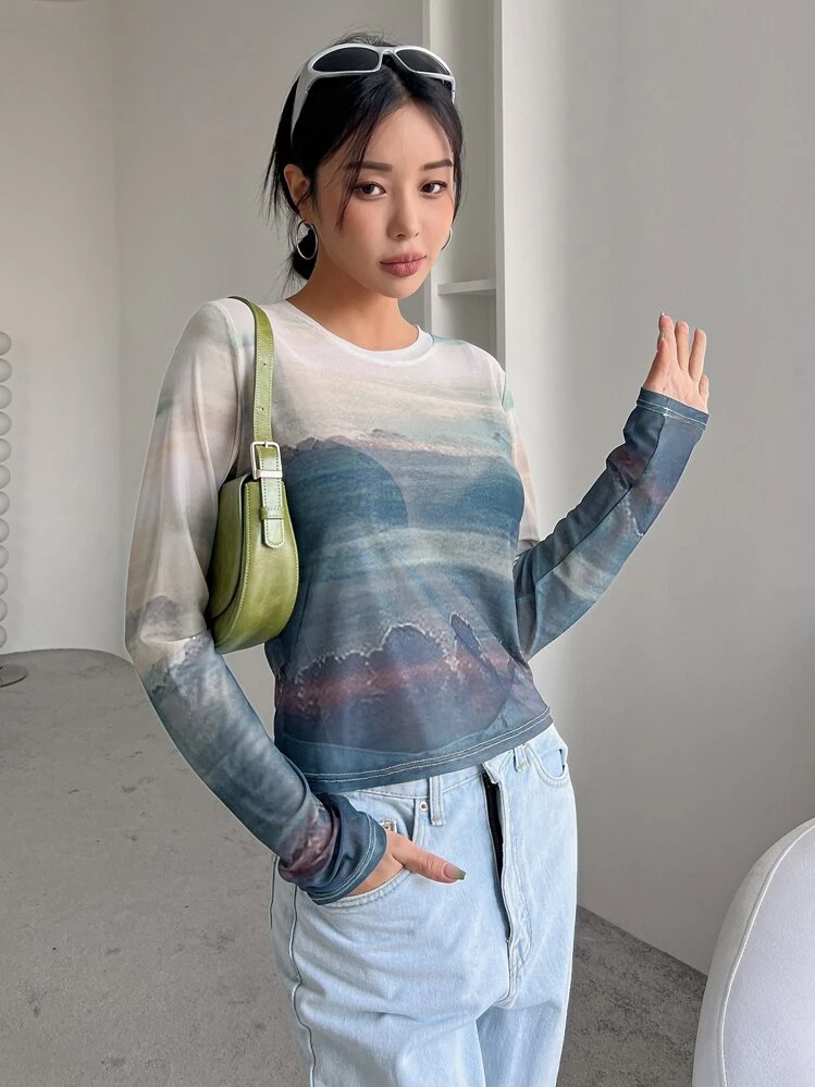 DAZY Landscape Print Sheer Top Long Sleeve Top | SHEIN USA