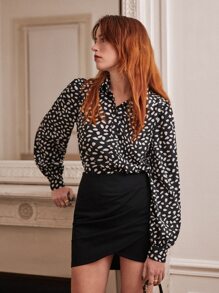 SHEIN Frenchy 斑點印花燈籠袖襯衫和裹身半身裙