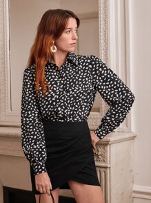 SHEIN Frenchy 斑點印花燈籠袖襯衫和裹身半身裙