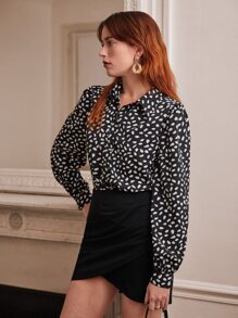 SHEIN Frenchy 斑點印花燈籠袖襯衫和裹身半身裙