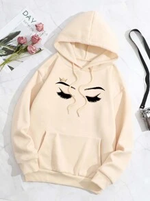 SHEIN EZwear Figure Graphic Drawstring Thermal Lined Hoodie - Apricot - View 1