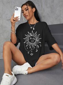 SHEIN EZwear Áo thun nữ Đồ họa Giải trí - màu đen - Xem 3