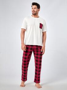 Men Gingham Print Pocket Patched PJ Set - Multicolor - View 1