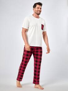 Men Gingham Print Pocket Patched PJ Set - Multicolor - View 4