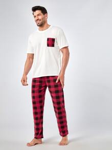 Men Gingham Print Pocket Patched PJ Set - Multicolor - View 5