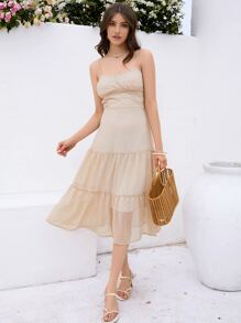 SHEIN VCAY Vestido de tirantes pecho con fruncido con diseño fruncido bajo con fruncido - Albaricoque - Ver 1