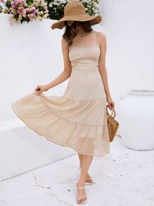 SHEIN VCAY Vestido de tirantes pecho con fruncido con diseño fruncido bajo con fruncido - Albaricoque - Ver 3