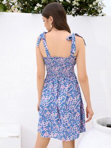 Aveloria 碎花肩上打結抽褶細節吊帶連衣裙 - 彩色 - 查看 3