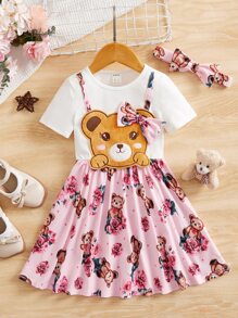 SHEIN 小女童小熊印花前蝴蝶結假兩件洋裝和頭巾 - 彩色 - 查看 1