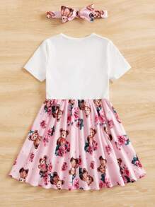 SHEIN 小女童小熊印花前蝴蝶結假兩件洋裝和頭巾 - 彩色 - 查看 2