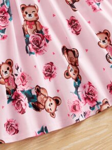 SHEIN 小女童小熊印花前蝴蝶結假兩件洋裝和頭巾 - 彩色 - 查看 3