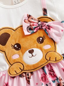 SHEIN 小女童小熊印花前蝴蝶結假兩件洋裝和頭巾 - 彩色 - 查看 4