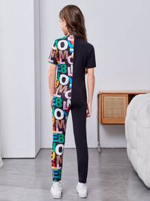 SHEIN 女孩字母圖案彈力緊身連體褲 - 黑色 - 查看 3