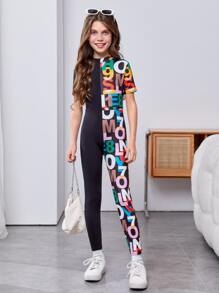 SHEIN 女孩字母圖案彈力緊身連體褲 - 黑色 - 查看 4