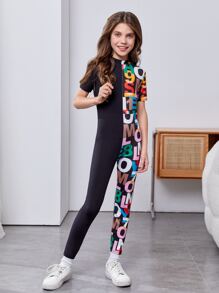 SHEIN 女孩字母圖案彈力緊身連體褲 - 黑色 - 查看 5