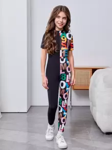 SHEIN 女孩字母圖案彈力緊身連體褲 - 黑色 - 查看 1