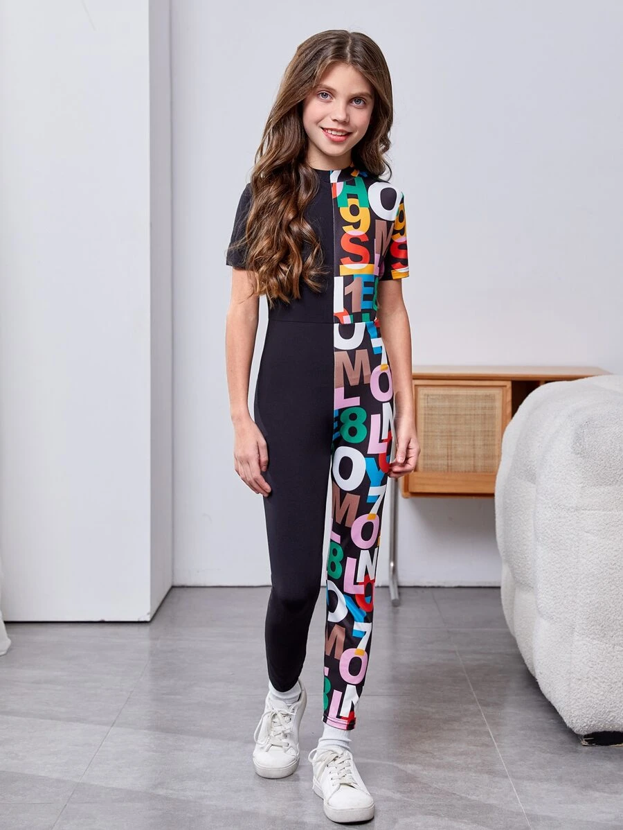 SHEIN 女孩字母圖案彈力緊身連體褲 - 黑色 - 查看 1