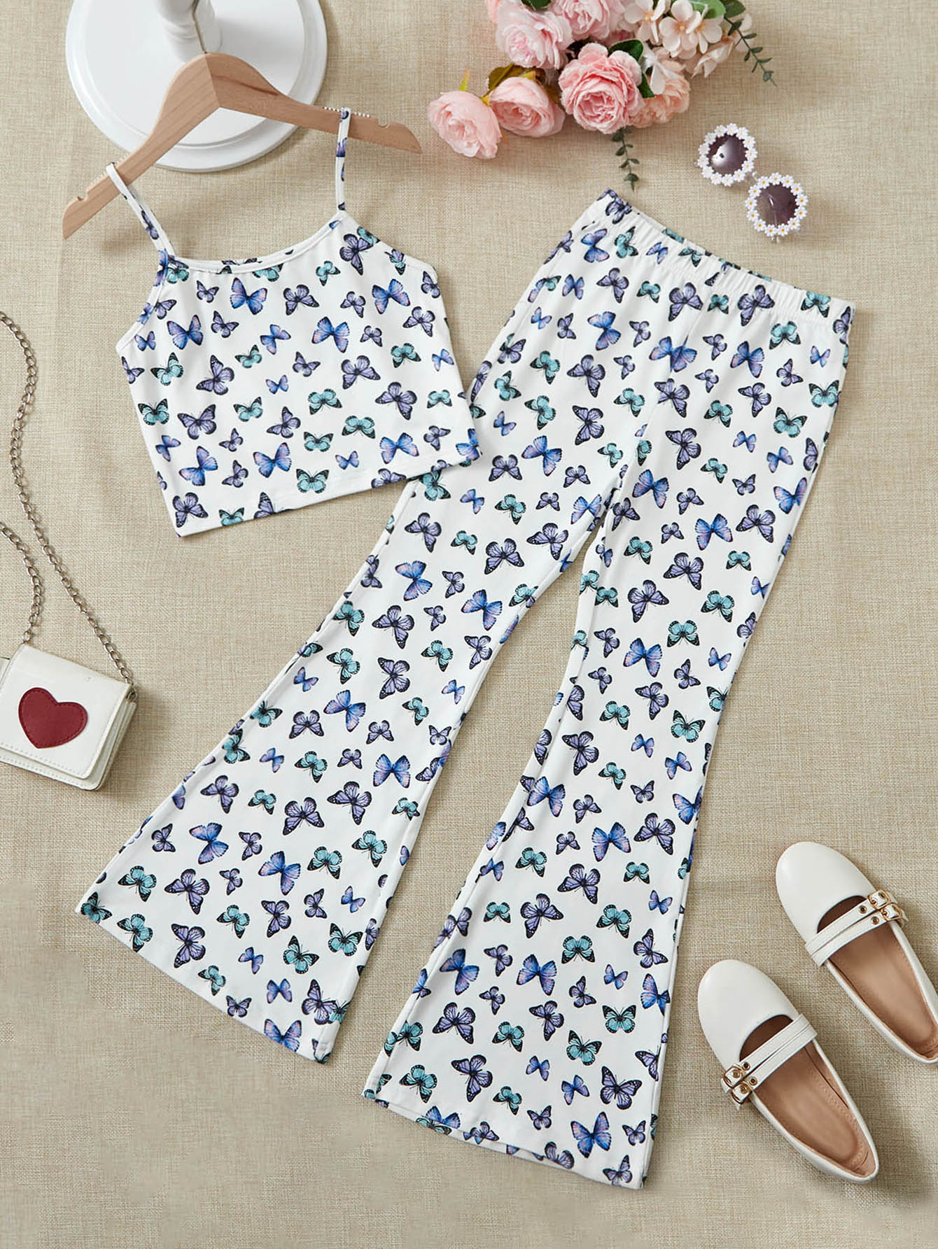 SHEIN Girls Butterfly Print Cami Top & Flare Leg Trousers - Multicolor - View 1
