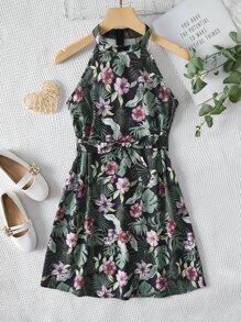 SHEIN 青少年女孩熱帶圖案腰帶掛脖連衣裙 - 彩色 - 查看 1