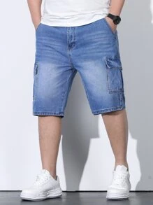 Manfinity LEGND Men Plus Cotton Flap Pocket Cargo Denim Shorts - Medium Wash - View 1