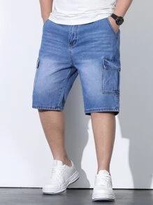 Manfinity LEGND Men Plus Cotton Flap Pocket Cargo Denim Shorts - Medium Wash - View 3