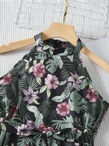 SHEIN 青少年女孩熱帶圖案腰帶掛脖連衣裙 - 彩色 - 查看 4