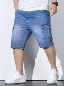 Manfinity LEGND Men Plus Cotton Flap Pocket Cargo Denim Shorts - Medium Wash - View 5