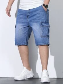 Manfinity LEGND Men Plus Cotton Flap Pocket Cargo Denim Shorts - Medium Wash - View 7
