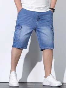 Manfinity LEGND Men Plus Cotton Flap Pocket Cargo Denim Shorts - Medium Wash - View 8