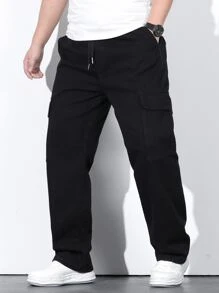 Manfinity Men Plus Flap Pocket Side Drawstring Waist Cargo Jeans - Black - View 1