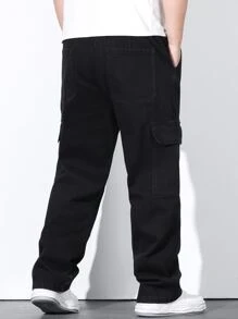 Manfinity Men Plus Flap Pocket Side Drawstring Waist Cargo Jeans - Black - View 2
