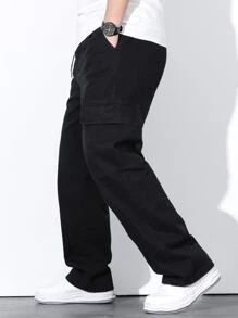 Manfinity Men Plus Flap Pocket Side Drawstring Waist Cargo Jeans - Black - View 3