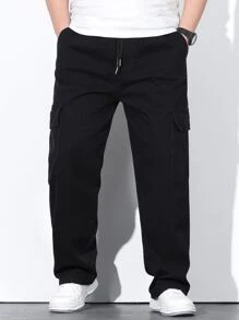 Manfinity Men Plus Flap Pocket Side Drawstring Waist Cargo Jeans - Black - View 5