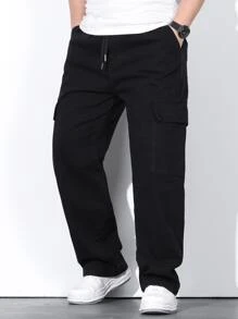 Manfinity Men Plus Flap Pocket Side Drawstring Waist Cargo Jeans - Black - View 8