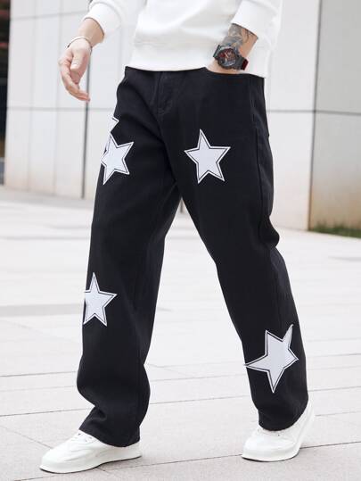 Guys Star Patched Loose Fit Jeans
