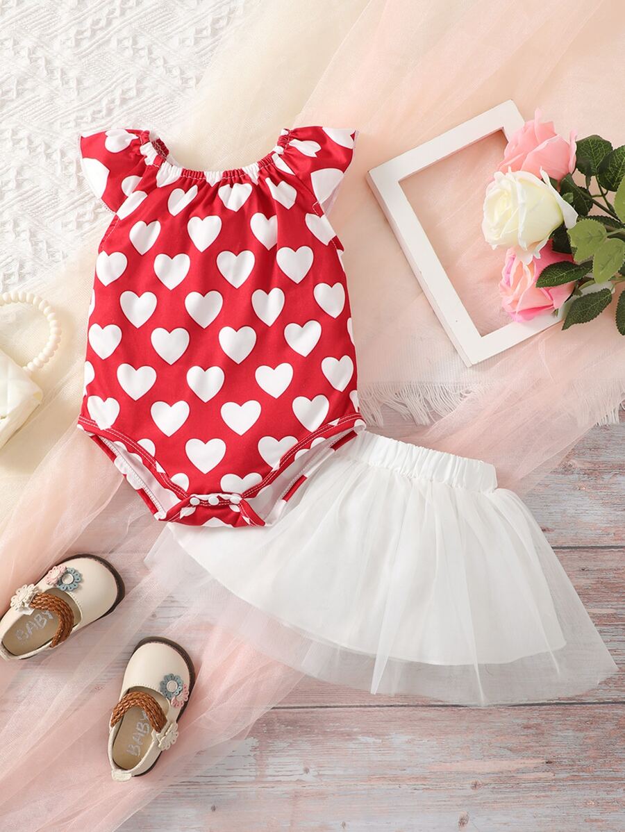 Baby Heart Print Bodysuit & Mesh Overlay Skirt - Red and White - View 1