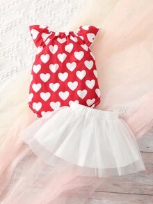 Baby Heart Print Bodysuit & Mesh Overlay Skirt - Red and White - View 2