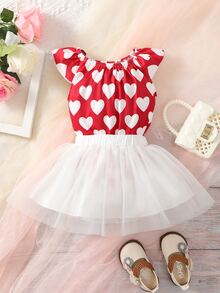Baby Heart Print Bodysuit & Mesh Overlay Skirt - Red and White - View 3
