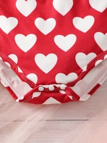Baby Heart Print Bodysuit & Mesh Overlay Skirt - Red and White - View 5