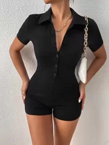 Chiquease 前紐扣彈力緊身連體短褲 - 黑色 - 查看 6