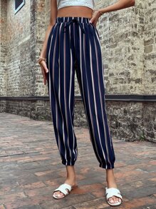 SHEIN LUNE Striped Print Knot Waist Carrot Trousers - Navy Blue - View 1