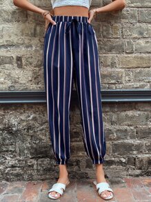 SHEIN LUNE Striped Print Knot Waist Carrot Trousers - Navy Blue - View 3