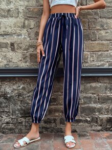 SHEIN LUNE Striped Print Knot Waist Carrot Trousers - Navy Blue - View 4
