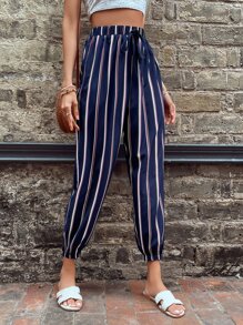 SHEIN LUNE Striped Print Knot Waist Carrot Trousers - Navy Blue - View 5