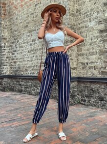 SHEIN LUNE Striped Print Knot Waist Carrot Trousers - Navy Blue - View 6