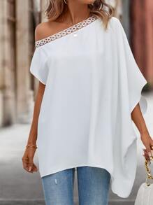 SHEIN Clasi 鏤空蕾絲花邊不對稱領蝙蝠袖襯衫 - 白色 - 查看 3