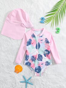 SHEIN Baby Girl Leaf Print Zipper Front One Piece Swimsuit With Swim Cap Baby Girl Swimming, Baby Girl Beachwear - Multicolor - View 1