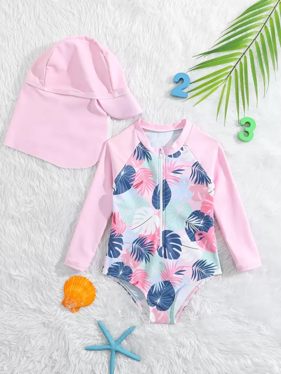 SHEIN Baby Girl Leaf Print Zipper Front One Piece Swimsuit With Swim Cap Baby Girl Swimming, Baby Girl Beachwear - Multicolor - View 1