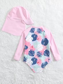 SHEIN Baby Girl Leaf Print Zipper Front One Piece Swimsuit With Swim Cap Baby Girl Swimming, Baby Girl Beachwear - Multicolor - View 2